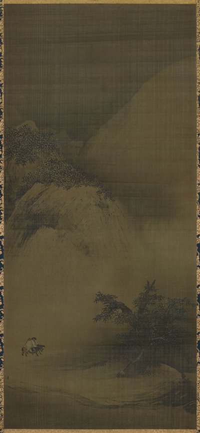 Paisaje nevado, pintura de paisaje (kenpon bokuga tansai sekkei sansui zu). Pergamino colgante de Liang Kai